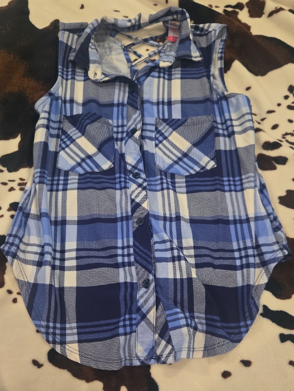 No Boundaries Blue Plaid Sleeveless Button-Front Top